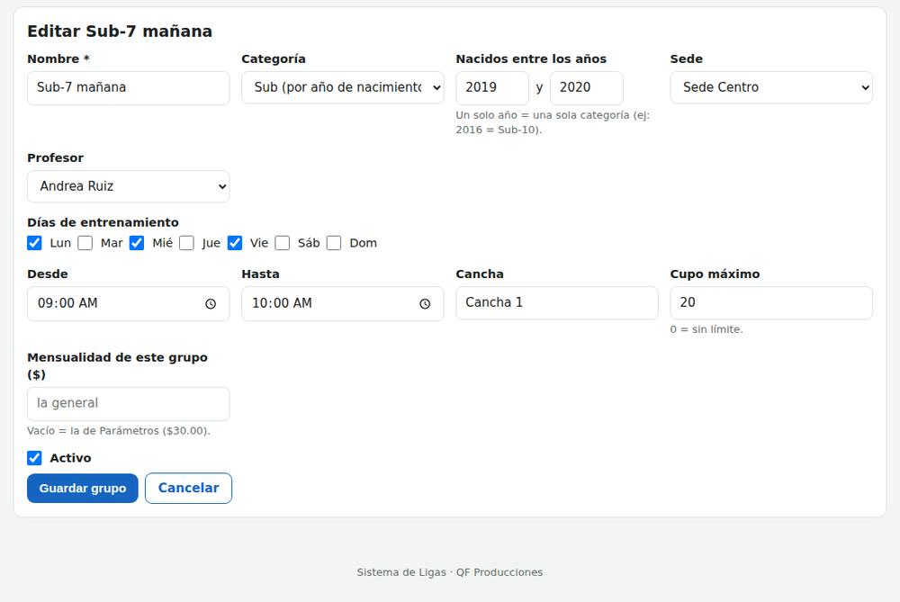 Formulario para crear o editar un grupo
