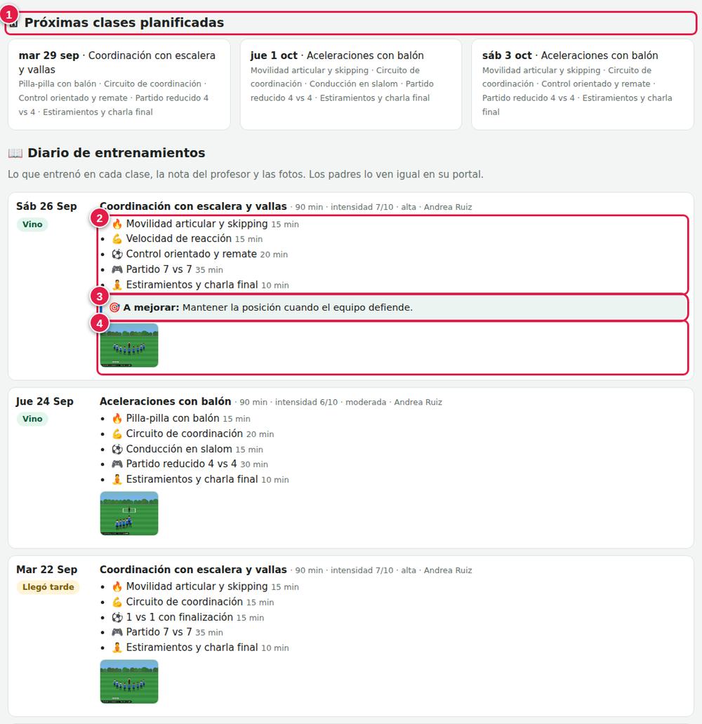 Ficha del alumno: asistencia y diario de entrenamientos