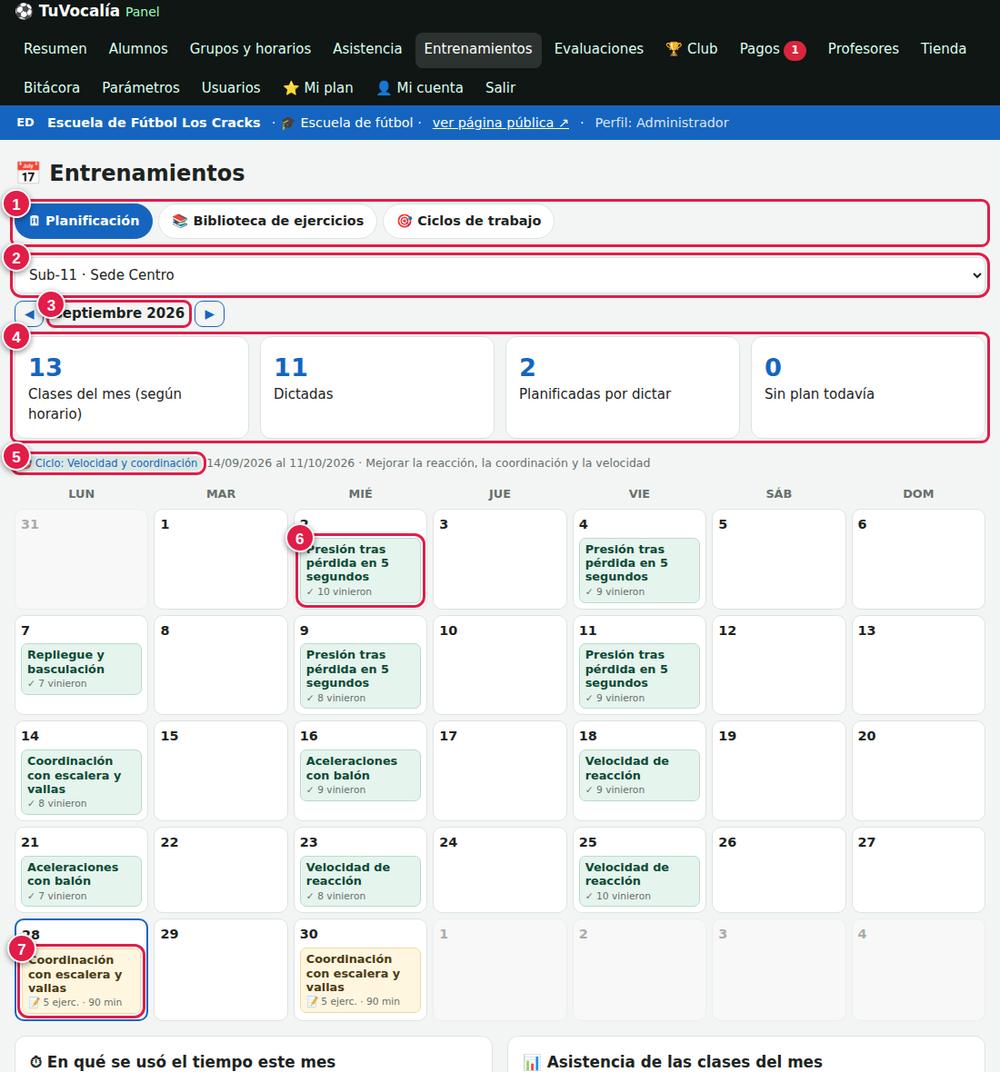 Calendario de entrenamientos del mes