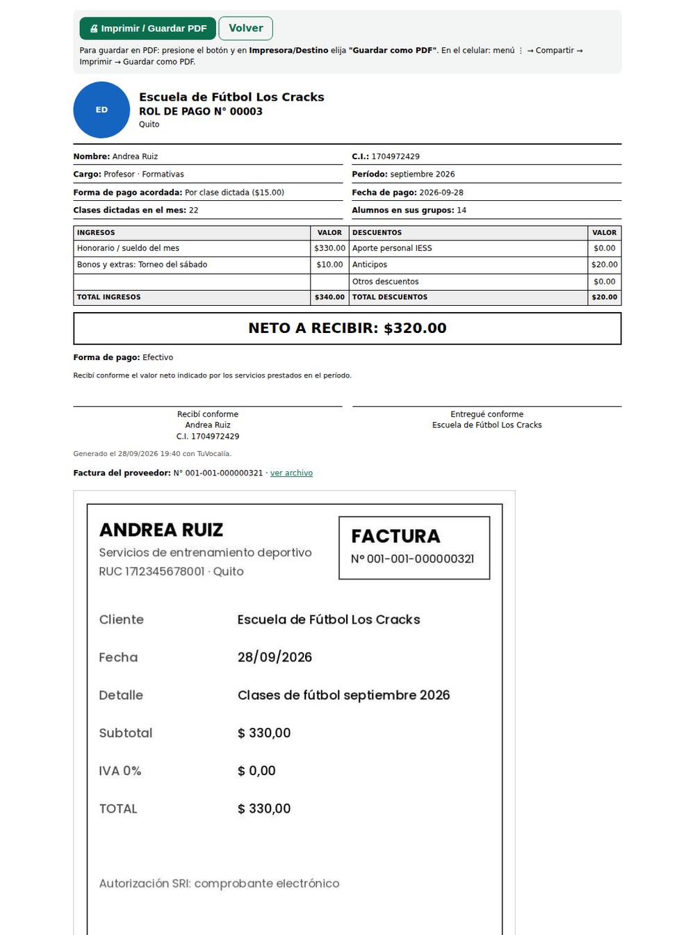 Rol de pago con la factura del profesor