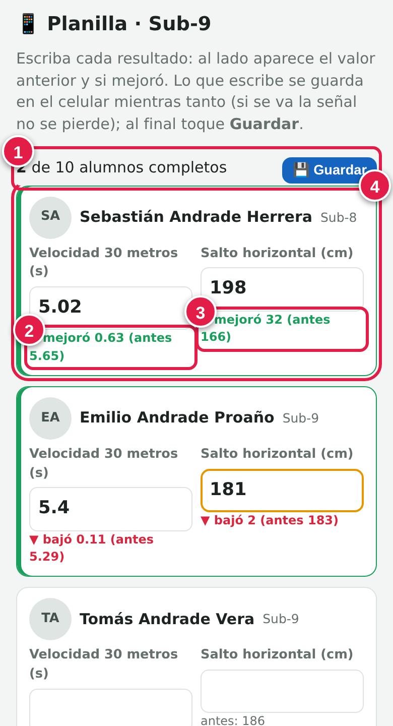 Planilla de la jornada en el celular
