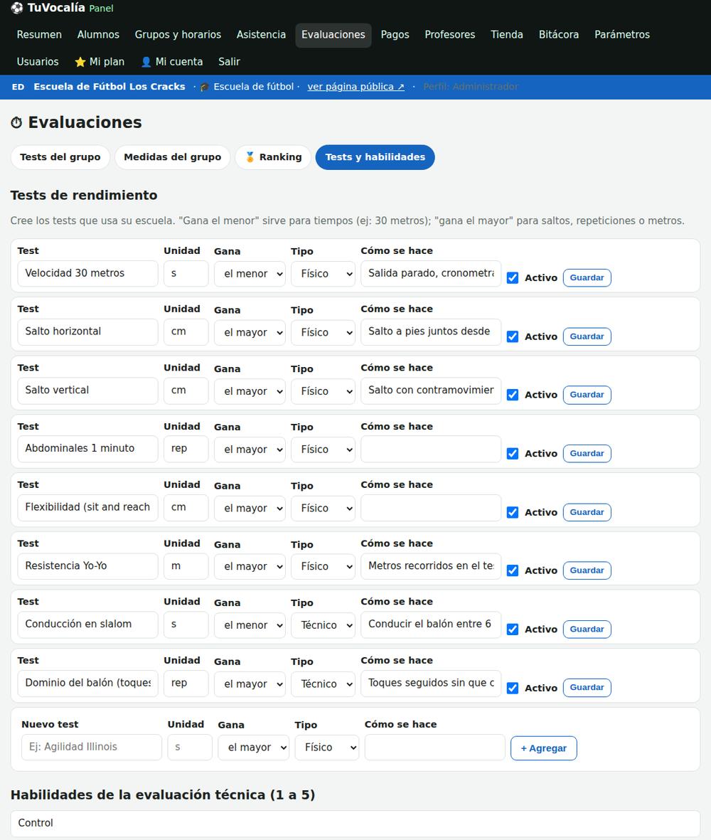 Configurar tests y habilidades