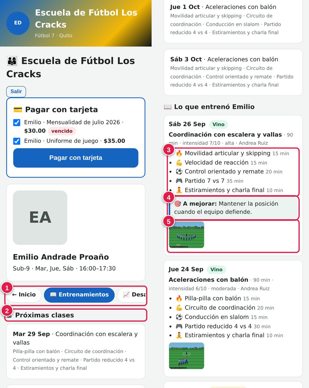Diario de entrenamientos que ve la familia