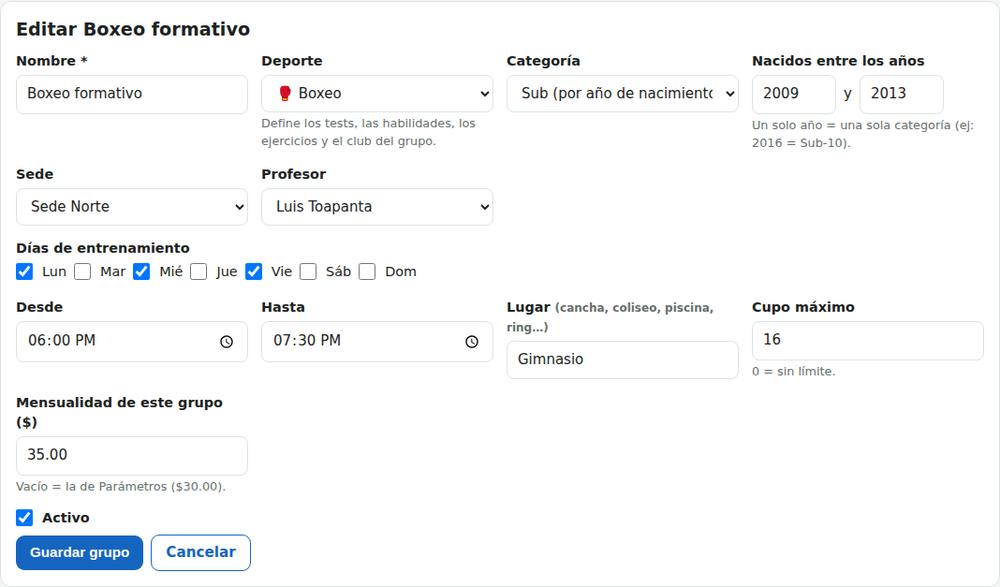 Elegir el deporte del grupo