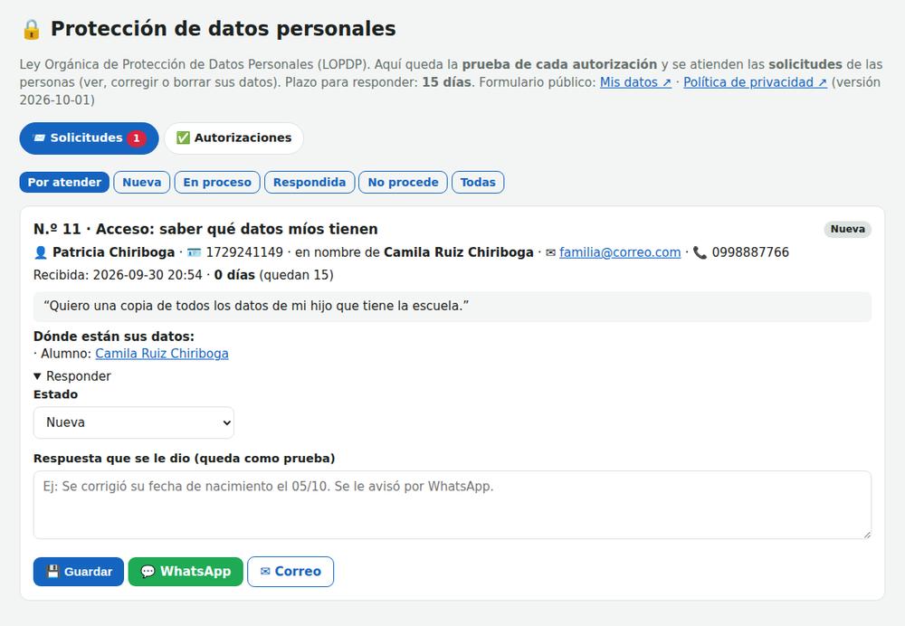 Bandeja de solicitudes con dónde están los datos del alumno