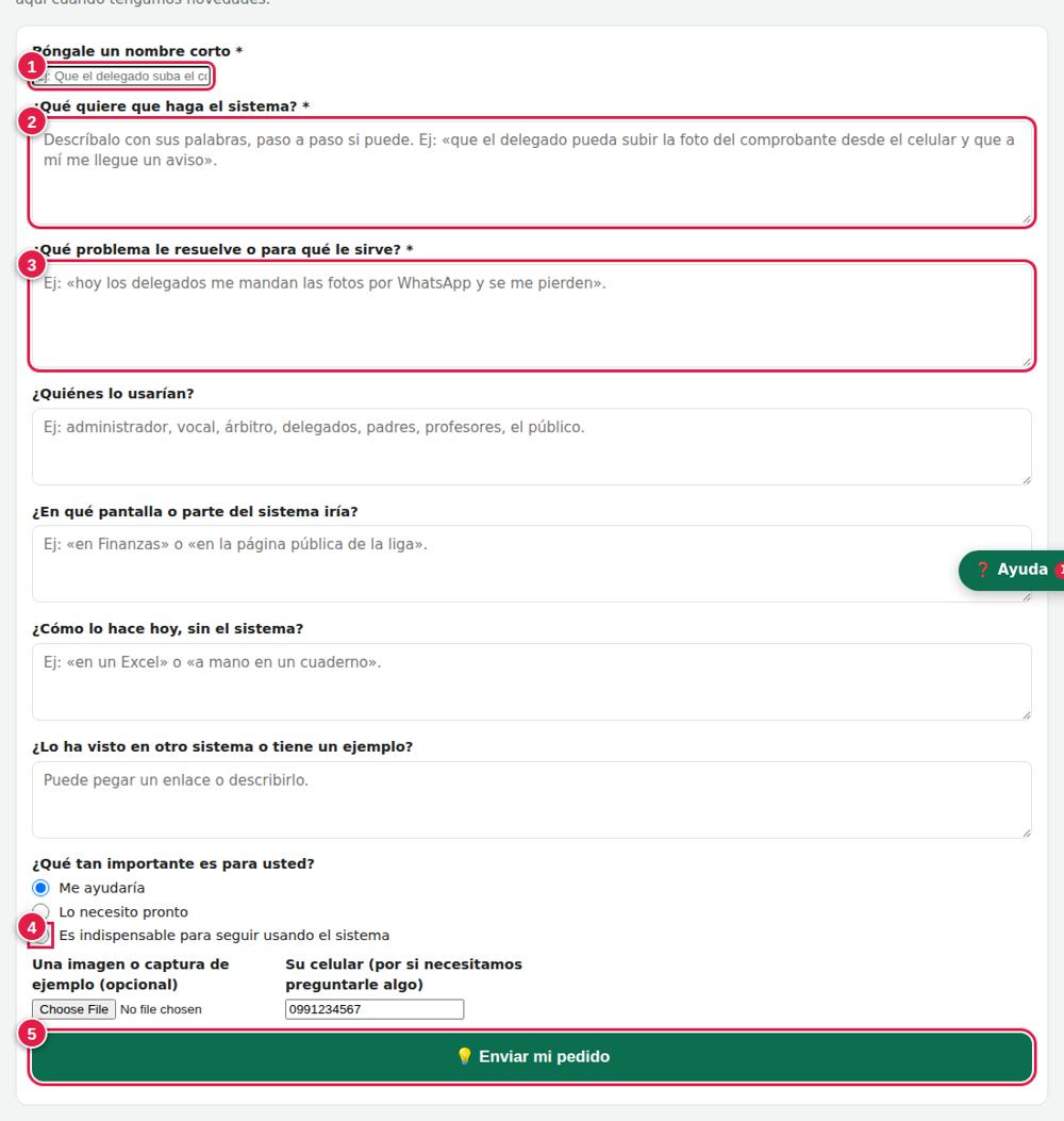 Formulario para pedir una funcionalidad