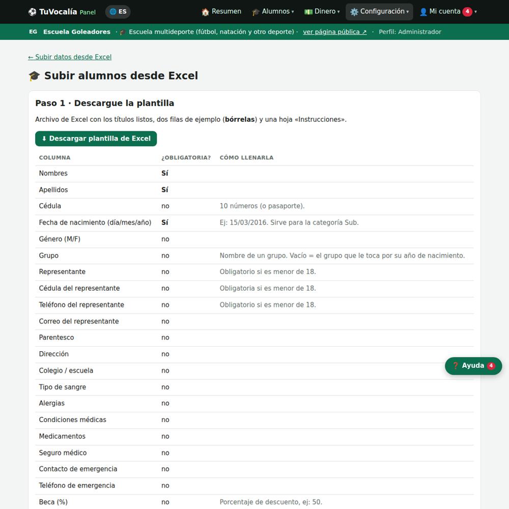 Plantilla, columnas y subida del archivo