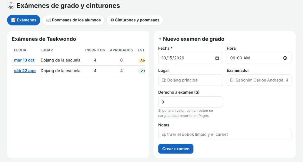 Lista de exámenes y nuevo examen