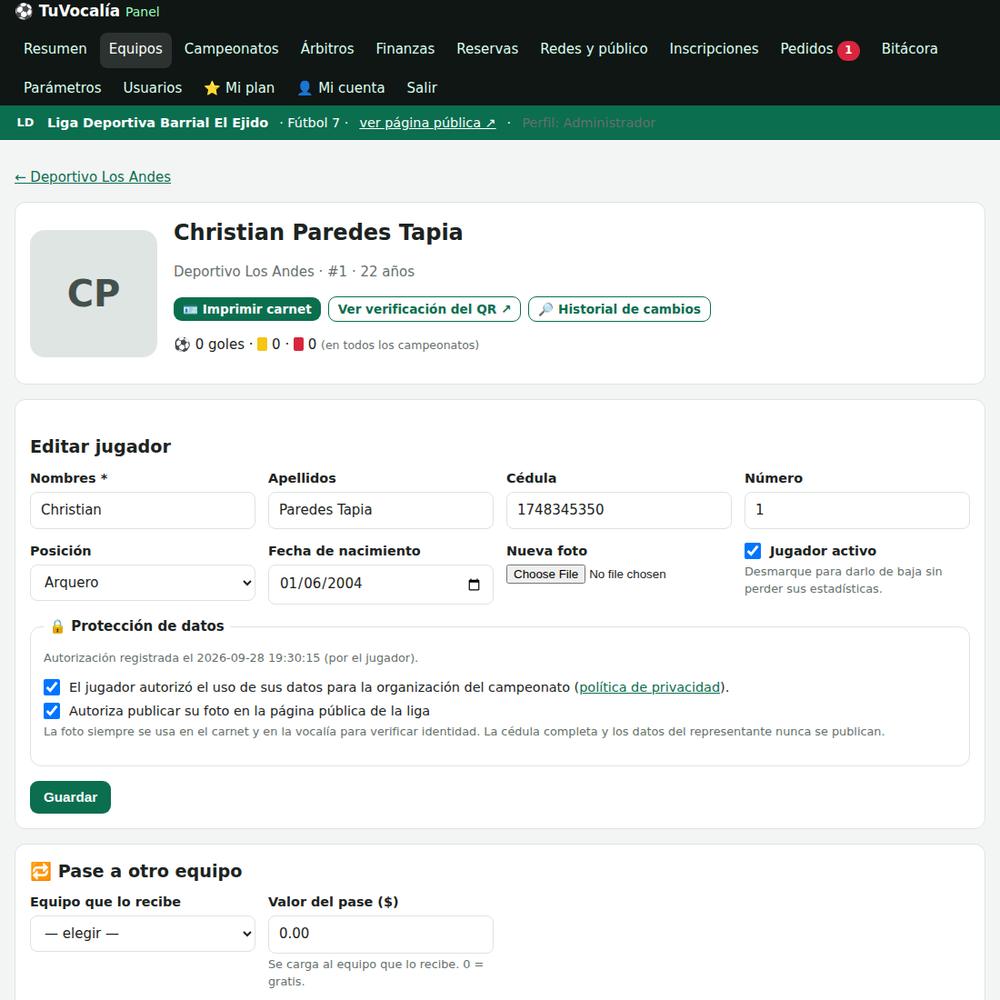 Ficha del jugador