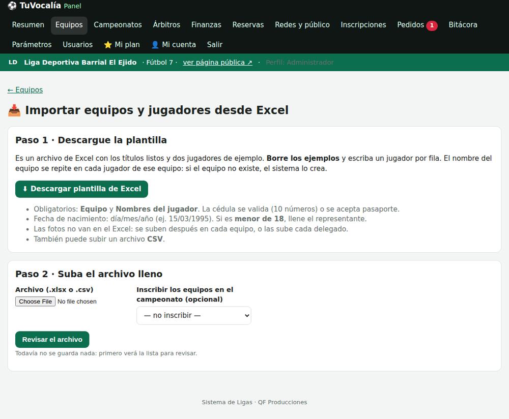 Importar equipos y jugadores desde Excel
