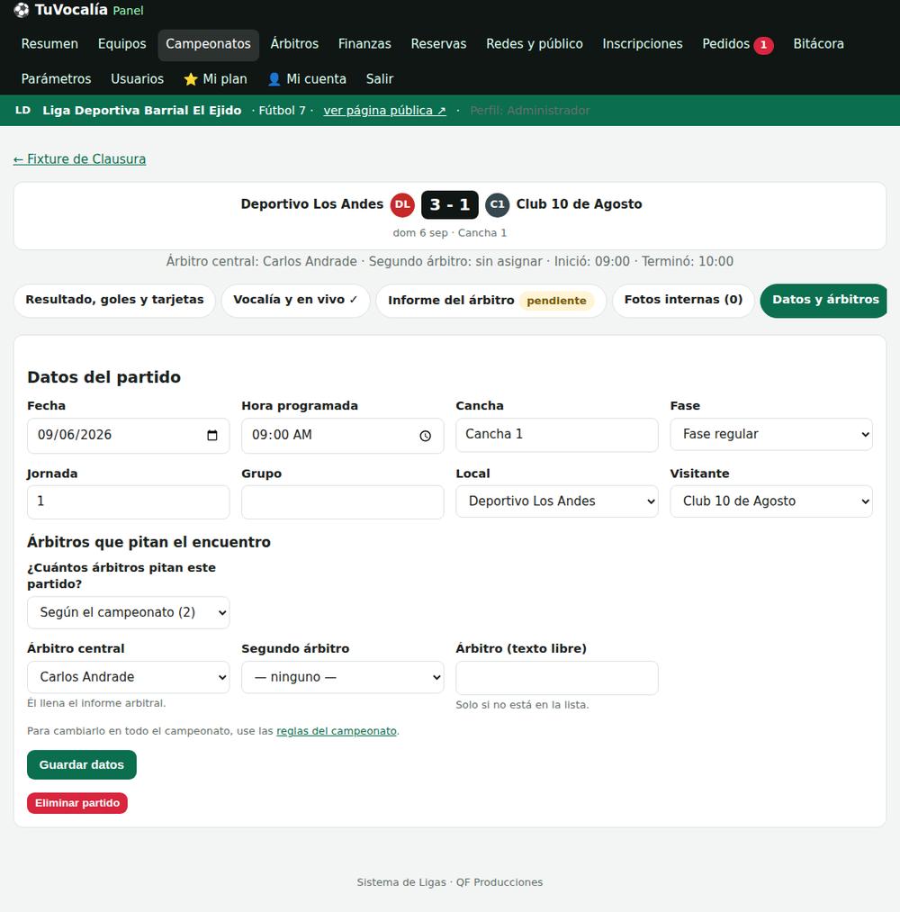 Pestaña Datos y árbitros