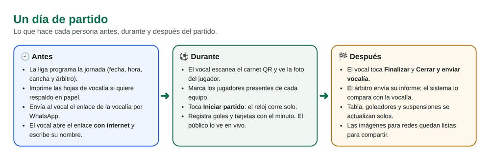 Diagrama: lo que pasa antes, durante y después del partido