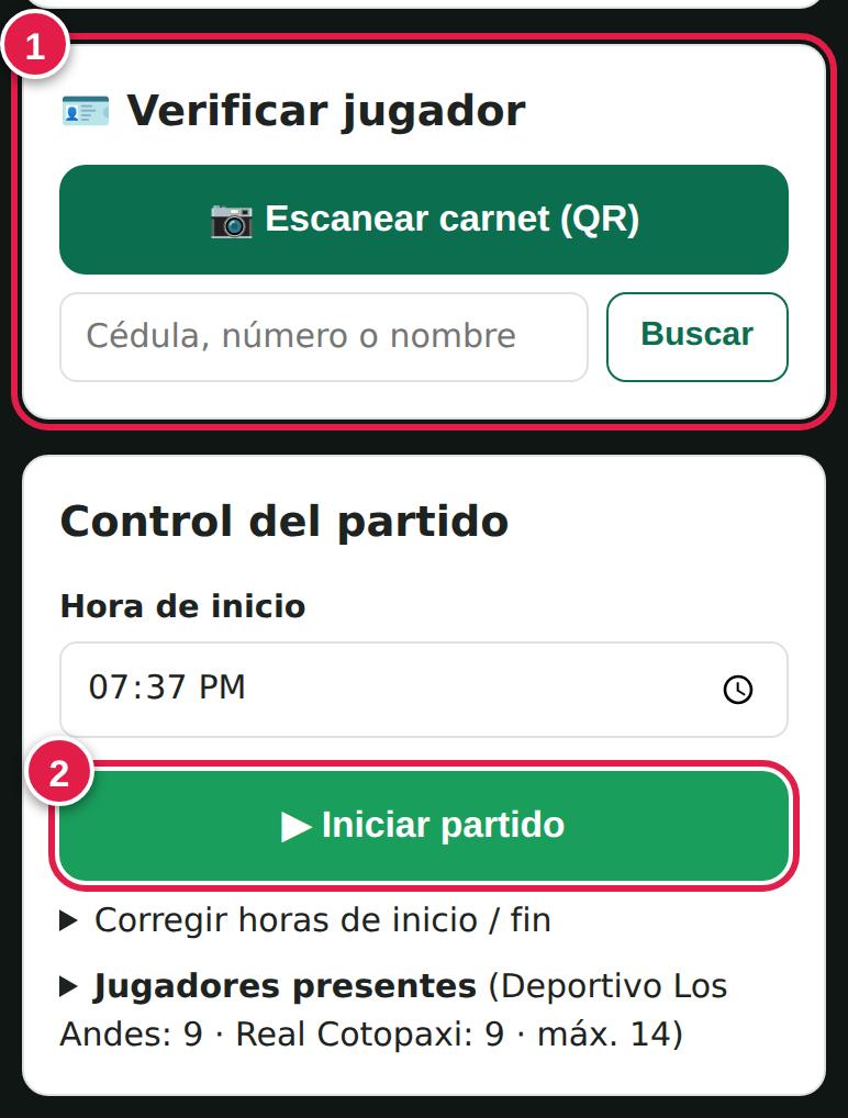Verificar jugador e Iniciar partido