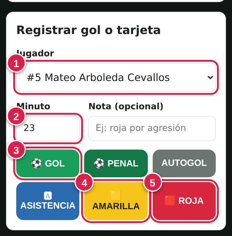 Registrar gol o tarjeta