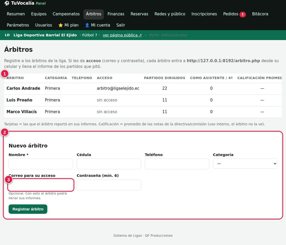 Lista y registro de árbitros