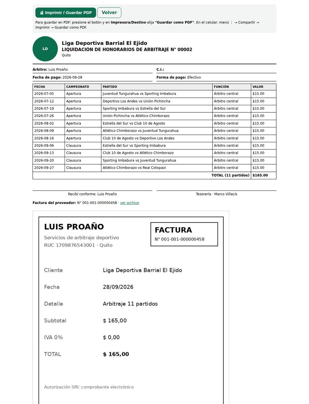 Comprobante de pago al árbitro con la factura adjunta