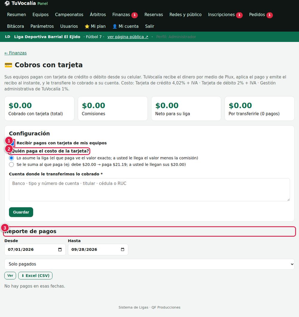 Configuración y reporte de cobros con tarjeta
