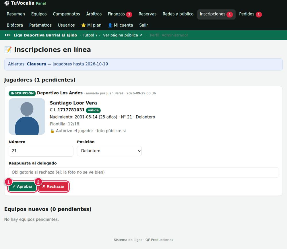Aprobar inscripciones en línea