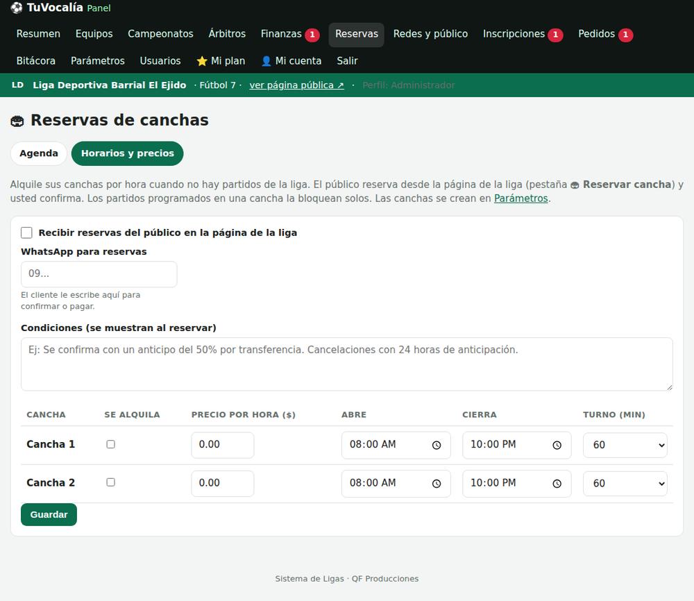 Reservas de canchas: horarios y precios