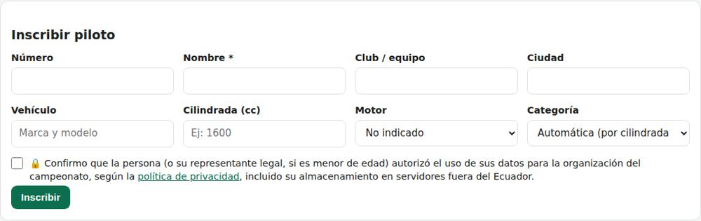 Inscribir piloto con la casilla de protección de datos