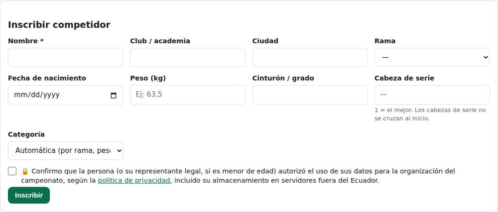 Inscribir un competidor de artes marciales