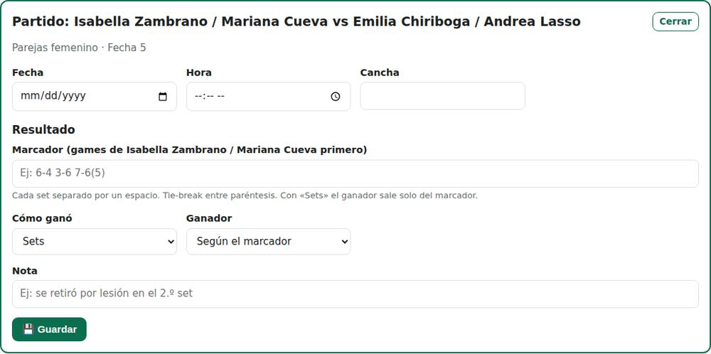 Cargar el resultado de un partido de pádel