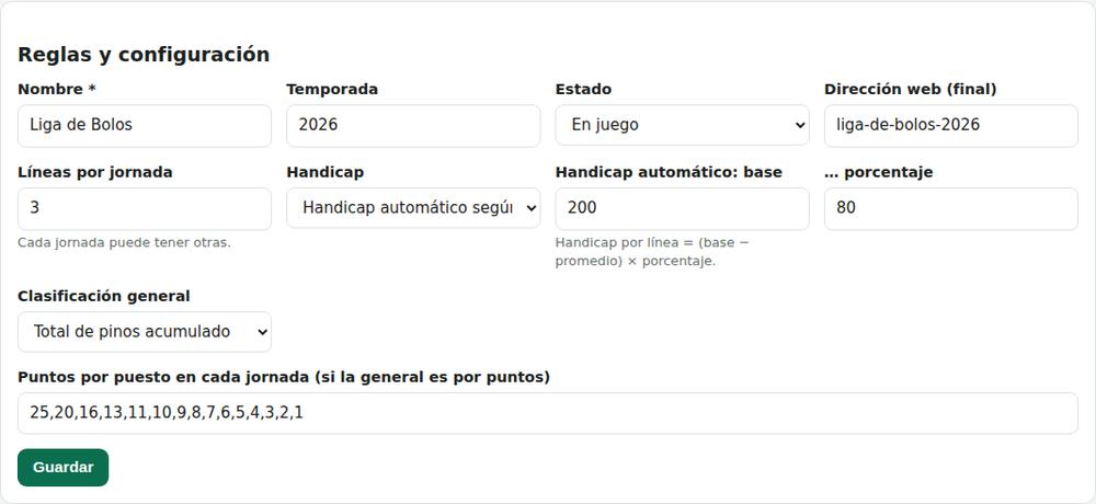 Reglas y configuración de bolos