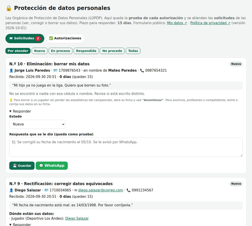Bandeja de solicitudes de protección de datos