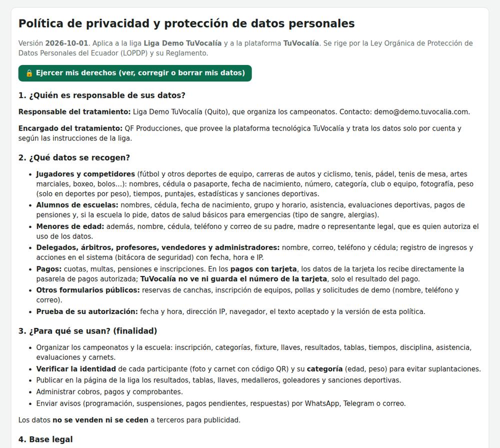 Política de privacidad de la liga