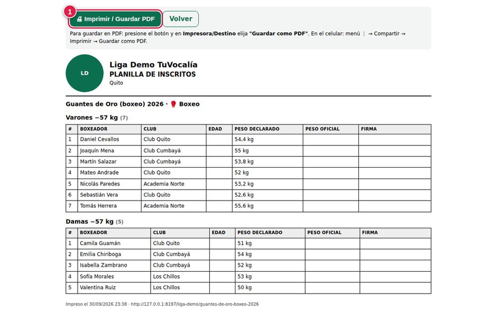 Planilla de inscritos y pesaje