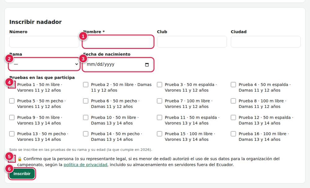 Inscribir un nadador en sus pruebas
