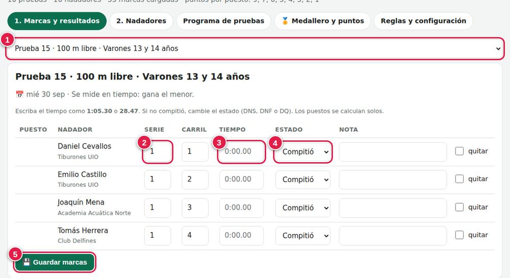 Cargar tiempos de una prueba